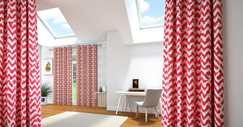 Image of Woah Geometric Pattern Grommet Curtains, 7 Feet for Living Room Bedroom|Geometric Pattern Faux Silk Room Darkening Door Curtains 4x7 feet (Red, Set of 1)