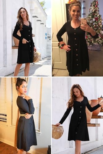 Image of OUGES Women's V Neck Button Down Skater Midi Dress with Pockets