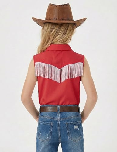 Image of Girls Fringe Shirt Sleeveless Button Down Western Cowgirl Tassel Trim Casual Blouse Shirt Top 4-13Y