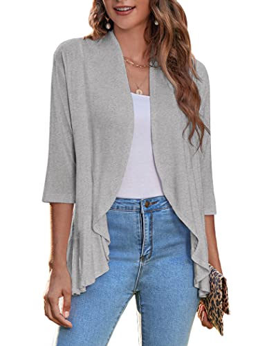 Zeagoo Womens Open Front 3/4 Sleeve Draped Ruffles Knit Cardigan,1-grey,Medium
