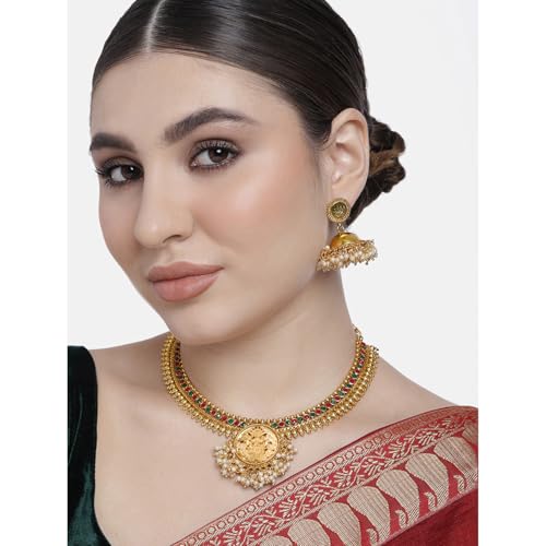 Aheli Indian Traditional Temple Necklace Jhmki Jhumka Dangle Earring Set Studded with Faux Stone Bollywood Wedding Jewelry Gift for Women2