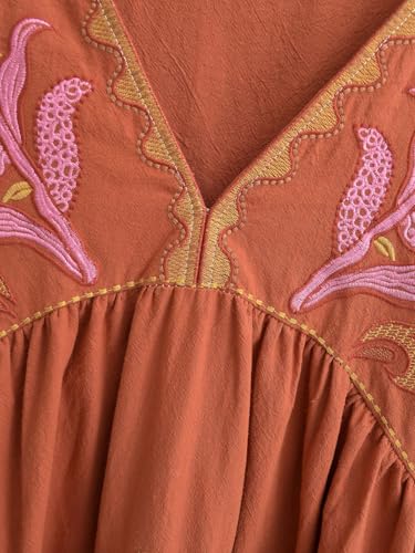 Image of Joiemont Womens Oversized Embroidered Dress with V-Neck and 3 /4 Sleeves Vintage Embroidery Babydoll Dress
