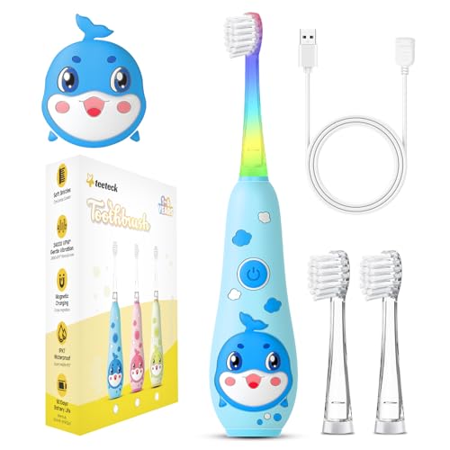 Teeteck Kids Electric Toothbrush,Rechargeable Toddlers Baby Electric Toothbrush with 2Minutes Timer and LED Light for 1-6 Boys Girls(1 Handle, 2 Brush Head, USB Charging Cable)