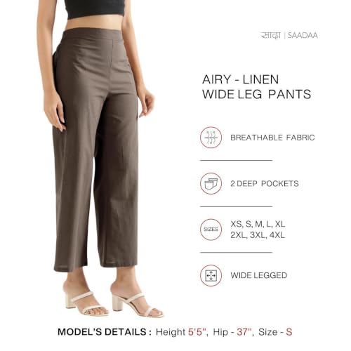 Image of SAADAA Women's Relaxed Fit Mid Rise Airy Linen Wide Leg Pants, High Waist Trousers for Formal, Casual & Office Wear