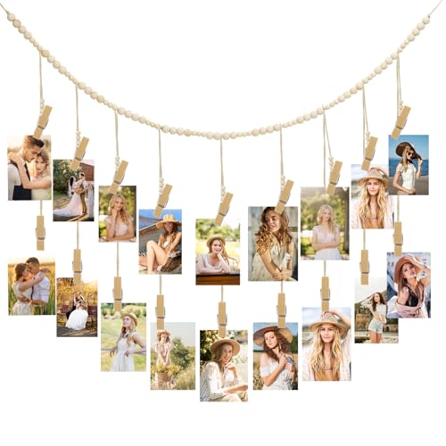 YICH Guirnalda de fotos Boho con pinzas y cuerda para fotos, guirnalda para colgar fotos, sin agujeros, cortina de fotos para colgar con 20 clips, 2 clavos sin dejar rastro, 2 ganchos, 1 cuerda de