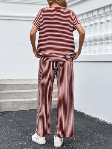 Image of Tankaneo Womens Striped 2 Piece Sets Short Sleeve T Shirts Wide Leg Pants Matching Lounge Set with Pockets