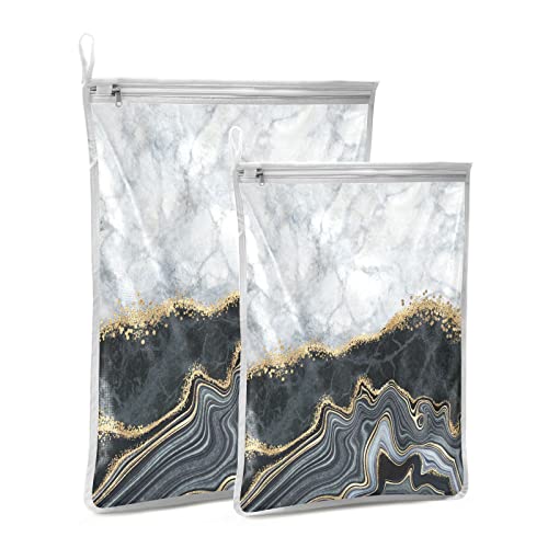 Flradish White Black Marble And Gold Leaf Texture Mesh Laundry Bag Laundry Washing Machine Bag Travel Organizer Reusable #TOP1