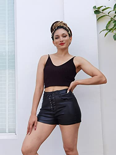 RAMISU Womens Casual High Waisted Leather Shorts PU Leather Shorts Stretchy Drawstring Leather Shorts with Pockets - Image 5