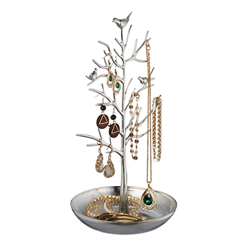 Relaxdays smycketräd, stativ med bricka, H x B x D: ca. 30 x 16 x 15 cm, metall, silver