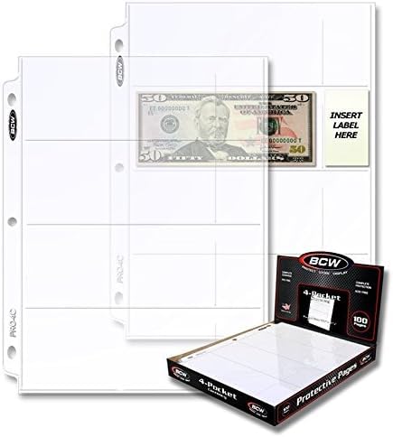 BCW 4-Pocket Currency Sleeves - 100 Pages For 6.5x2 Bills With Label Pockets