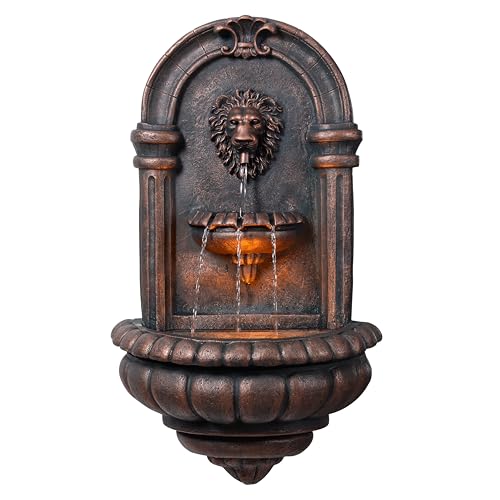 Teamson Home 32.1 in. Wall-Mounted Lion Head Stone LED Outdoor Water Fountain for Gardens, Landscaping...