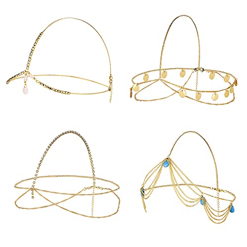 Jstyle 4/6/8Pcs Gold Head Chain Jewelry for Women Rhinestones Coins Pearl Tasse Chain Hair Band Drop Pendant Headpiece Boh Hair Jewelry for Gypsy Halloween Costume Prom Wedding Bridal Hair Accessories