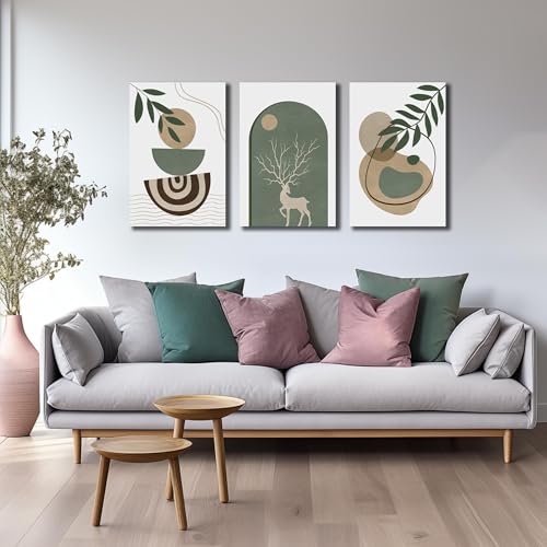 Image of Boho Sun Canvas Wall Art Set of 3, Neutral Abstract Minimalismt Bohemian Geometric & Botanical Plants Pictures Prints Artwork Paintings Wall Decor for Bedroom Living Room Home Decoration 16x24 inches