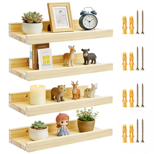 Keboyoe Lot de 4 Étagère Murale Bois 30 × 12 × 4 cm Etagères Flottantes Form de U avec Bord de Protection Tablette Bois Murale avec Vis et Tubes...