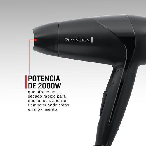 Miniatura 3 de Remington Secador de Pelo Pequeño Compacto, Secador de Viaje, 2000W, Plegable, Ideal Gimnasio, Concentrador, Difusor Compacto, Caudal 60km/h, 3 Temperaturas, 2 Velocidades, Gancho Para Colgar - D1500
