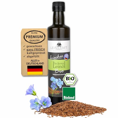 Leckeres Bio-Leinöl 500ml frisch gepresst 100% deutsche Leinsaat - Omega 3 reich mit Lignanen - direkt ungefiltert abgefüllt - Leinsamenöl in Bioland Rohkostqualität