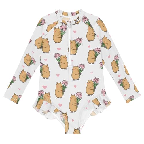 Capybara Tulip Heart Pattern Girls Long Sleeve Swimsuit Rash Guard One Piece Bathing Suits Zipper 3-12T