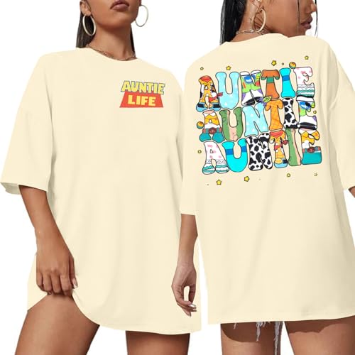 Auntie Life Oversized Shirts for Women Cute Funny Graphic Cartoon T Shirt Holiday Family Vacation Tee Tops