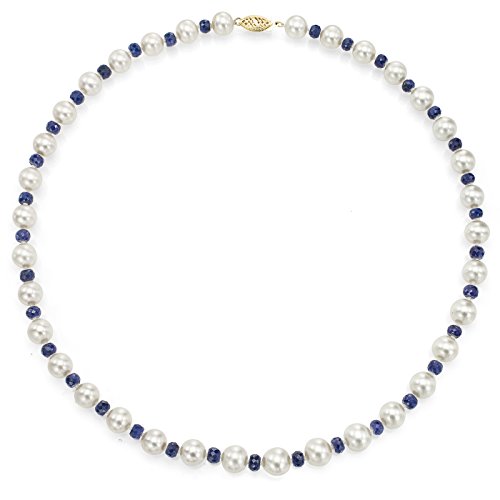 14K Yellow Gold Freshwater Cultured White Pearl Sapphire Necklace 18 inches 8-8.5mm - Main Image