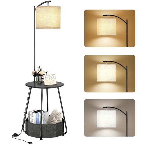 Image of LUTEC Floor Lamp with Table, Night Stand with Lamp, Round SideTable with Fabric Basket, 3 Color Temperatures 9W LED Bulb, Modern End Table for Bedroom, Living Room, Black