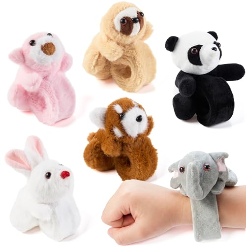 JOYIN 6PCS Animal Plush Bracelets Stuffed Animals Slap Bracelet Happy Tappers Slap Bracelet for Boys Girls Party Favors Classroom Rewards Birthday Gifts Stocking Stuffer for Kids