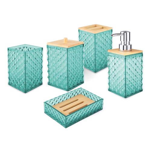 Bathroom Accessory Set, Grid Pattern 5 Pcs Plastic Bathroom Set