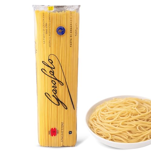 Spaghettini Garofalo de 500 gr, Pasta Italiana, Spaghetti de sémola de trigo duro, Contiene gluten, Puede contener trazas de soja, Tiempo de cocción 6 minutos, 1 Paquete de 500 gr