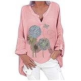 Women Casual Rolled Long Sleeve Cotton Linen Crew Neck Floral Print Blouse Top T-Shirt Loose Tunic Pullover Plus Size