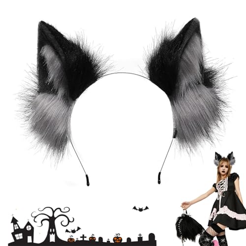 Shalwinn Handgefertigtes Katzenohren Haarreif Fell Fuchs Wolf Katzenohren Stirnband Therian Ohren Kawaii Haarband für Kinder Erwachsene Halloween Party Cosplay Zubehör