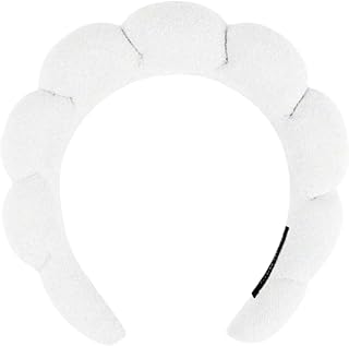 شريط رأس إسفنجي بتصميم منتفخ من قماش تيري للاستخدام أثناء وضع المكياج وغسل الوجه والاستحمام ووضع ماسك الوجه والعناية بالبشرة للنساء والبنات، أبيض للعرائس والأفراح