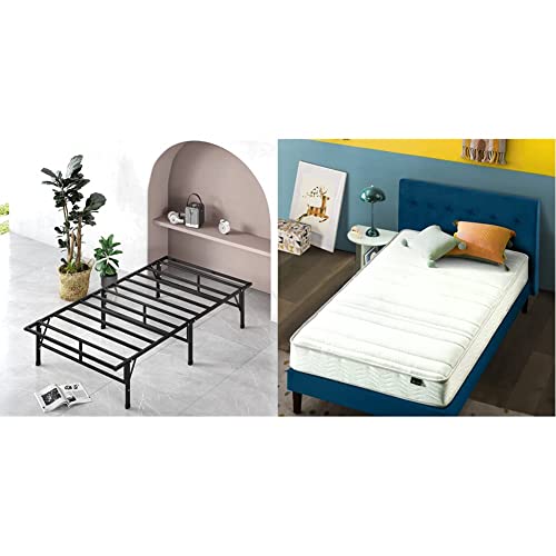 Zinus Smartbase Compack Mattress Foundation / 14 Inch Metal Bed Frame/No Box Spring Needed/Narrow Twin, Black & 6 Inch Foam And Spring Mattress/Certipur-Us Certified Foams, Narrow Twin, Off White #TOP27