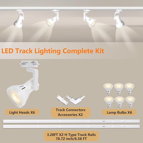 Yuemegou 6 Lights H Type White LED Track Lighting Complete Kit Plug in, 20W 120V PAR20 3CCT Replaceable Bulbs Brightness Dimmable 20%-100% Include 6.56ft Track Rails for Accent Area Lighting by Yuemegou - Image 2