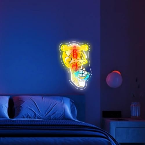 Image of Ghost Ship's Beacon Skull LED Neon Sign USB Powered for Wall Decor, Lighthouse Bones Neon Night Light Sign Dimmable for Room Party Decor Halloween Birthday Gifts