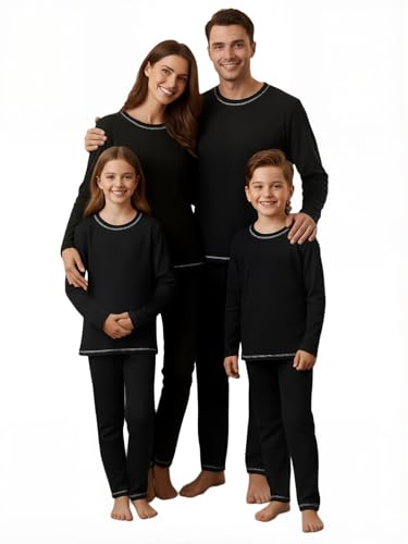IFFEI Family Pajamas Matching Sets Round Neck Mommy and Me 2 Piece Pjs Soft Lounge Set Tops and Bottom with Pockets Men M Black