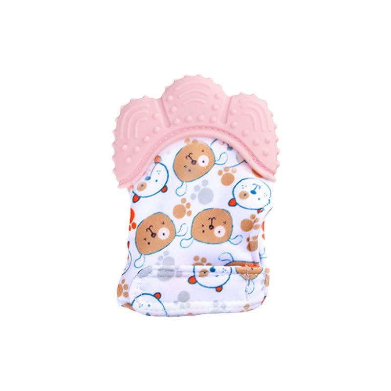 Baby Teething Set 2 Pack, Includes 2 Silicone Mitten Teether Glove, Infant Soothing Pain Relief Mitt-Bear-Pink