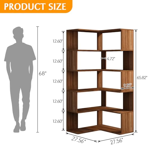 IOTXY Walnut 6-Tier L-Shaped Corner Bookshelf - Wood Material - Tall Freestanding Bookcase - Home Organization - 66" Tal 