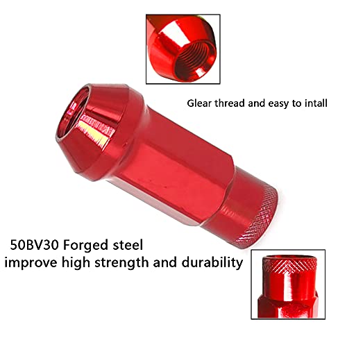 Image of Lug Nuts M12x1.25 Open End Wheel Nuts,Taper Acorn Seat, Forged Locknut Racing Nut 20 Set 2 Pieces Total 22 Pieces and 1 Nut Socket Key (Red, M12 x P1.25)