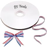 100 Yards Patriotic Gingham Check Ribbon, 3/8 Inch Blue and Red Plaid Polyester Ribbon with Woven...