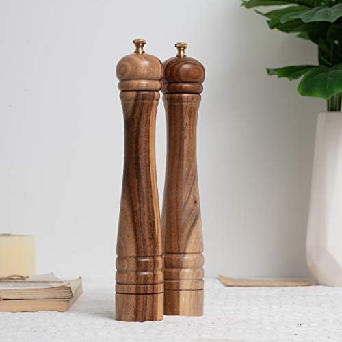 DeroTeno Salt and Pepper Mill Set, Pepper Grinder with Adjustable Ceramic Grinder, Salt Grinder with Stainless Steel Grinder, Acacia Wood, Height 30 cm