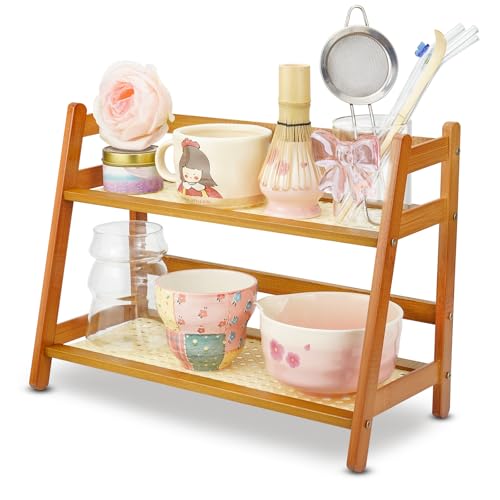RoaGain Tassenregal, 39x18x29cm – Bambus Tassenhalter, 2-stufig, Matcha Station & Kaffeetassenregal für Arbeitsplatte, Tee Organizer, Holzwerkstoff Tassenständer für Küche, Büro & Zuhause