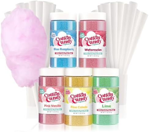 Cotton Candy Express 5 Flavor Floss Sugar Fun Pack with Lime, Watermelon, Pina Colada, Blue Raspberry, & Pink Vanilla Sugar and Cones