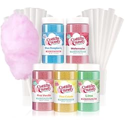 Cotton Candy Express Floss Sugar Variety Pack with 5 - 11oz Plastic Jars of Lime, Watermelon, Pina Colada, Blue Raspberry, Pink Vanilla Flossing Sugars Plus 50 Paper Cotton Candy Cones