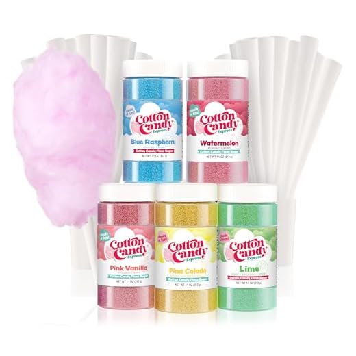 Cotton Candy Express 5 Flavor Floss Sugar Fun Pack with Lime, Watermelon, Pina Colada, Blue Raspberry, & Pink Vanilla Sugar and Cones