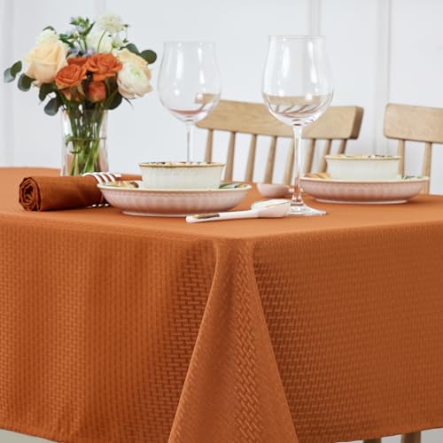 Image of maxmill Rectangle Weaved Design Tablecloth Waterproof Spillproof Wrinkle Free Fall Table Cloth, Kitchen Dining Room Thanksgiving Decoration, Fabric Table Cover Halloween Party, 52 x 70 Inch, Rust