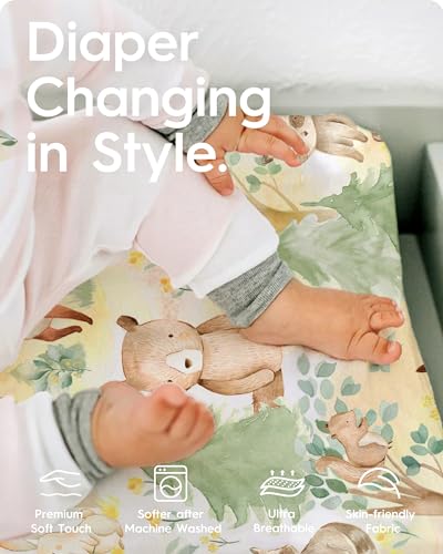 Image of Changing Pad Cover for Girls Boys, TotBasic Premium Soft Changing Table Covers, Stretchy Jersey Changing Table Sheets - Fits All Standard Changing Pads - 2 Pack (Forest Bear & Bambi Deer)