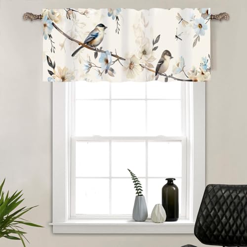 HDESDIS 1 Panel Rustic Bird Floral Valance for Windows, Botanical Nature Plant Rod Pocket Valance Curtains Home Decor Window Treatment for Kitchen/Living Room, 54