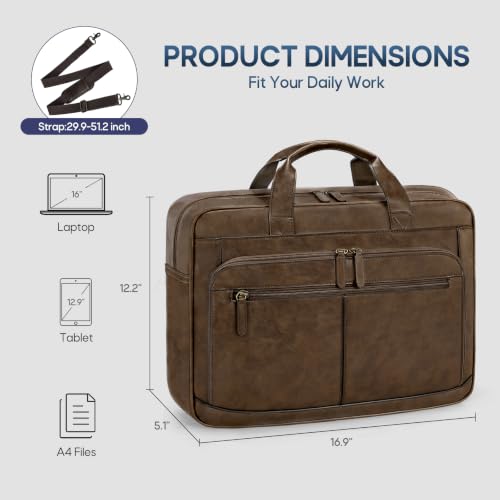 Image of RAINSMORE Messenger Bag For Men 16 Inch Laptop Bag Waterproof PU Leather Briefcase Large Capacity Vintage Satchel Computer for Office Work Business Travel,Brown