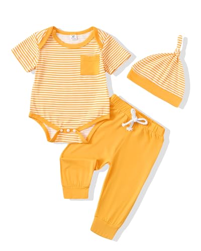 Image of Mikrdoo Newborn Baby Boy Clothes 0-3 Months Infant Outfits Stripe Summer Clothing Cotton Romper Pants Set Yellow