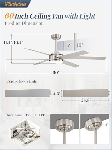 Image of Fanbulous 60 inch Outdoor Ceiling Fans with Lights, Dimmable 3CCT, Nickel