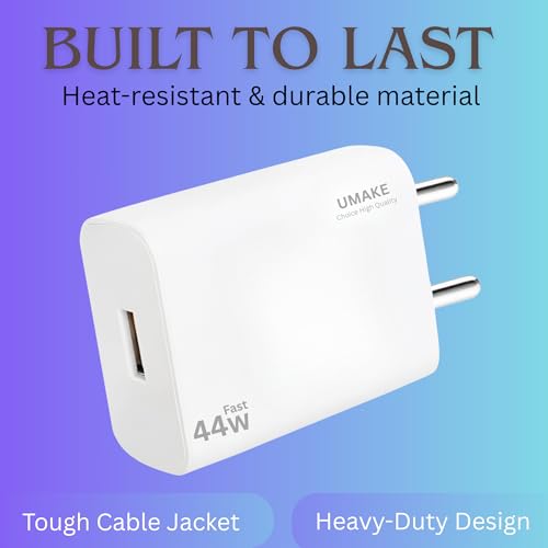 Image of Umake 44W Quick Charge 3.0 Wall Charger with USB-A to Type-C Cable, High-Speed Charging Adapter Compatible with VOOC, Warp & Dash Supported Devices BIS Certified